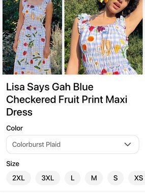 Lisa Says Gah Blue Gingham Fruit-Print Maxi Dress with Multicolor Fruit Motifs